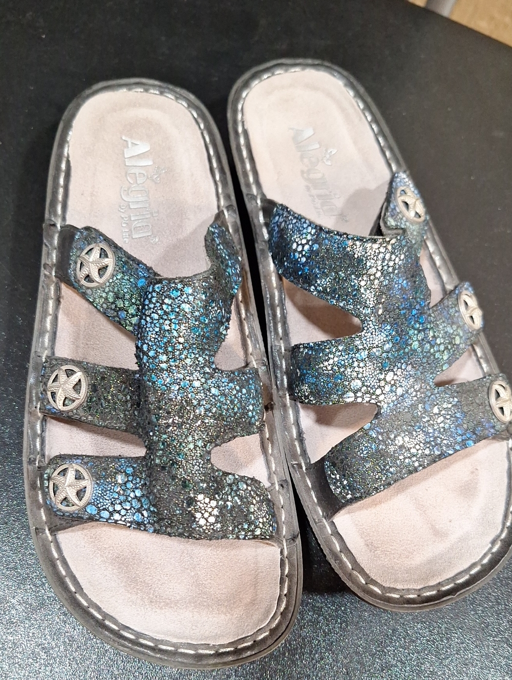Alegria Kids Iridescent Blue-Green Glitter Triple-Strap Sandals